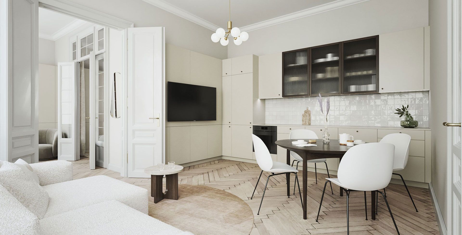 Gemütlicher, hochwertiger Wohn- und Essbereich in weißen und braunen Farbtönen.